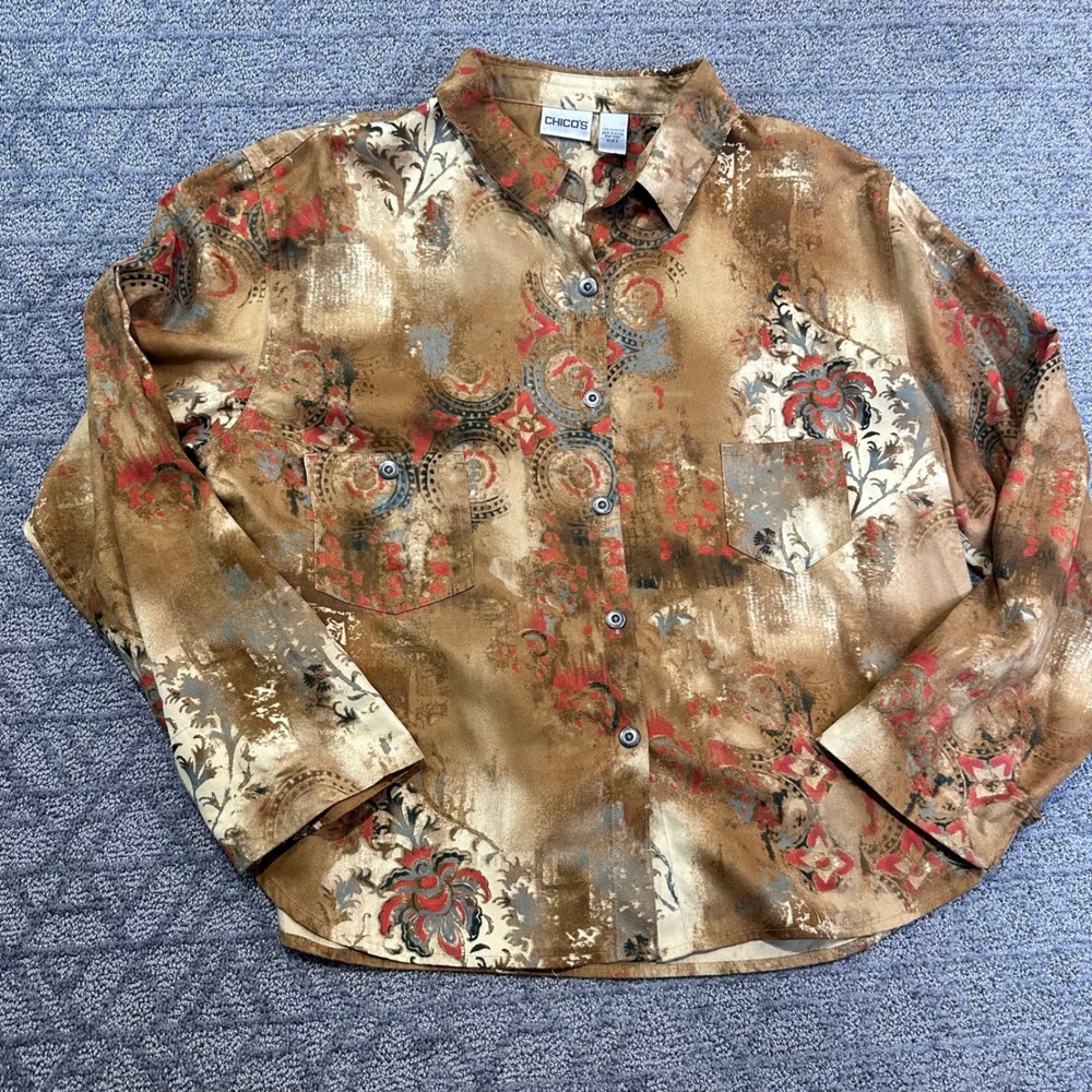 Chicos Women's‎ Abstract Floral Button Down Shirt Blouse Size 3 Suede like